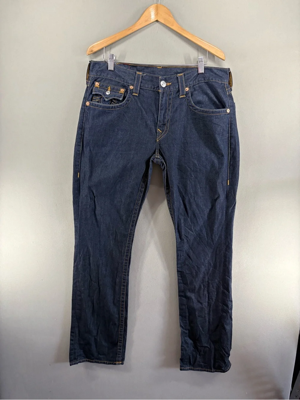 True Religion Men Jeans Straight Sz 34X34 Dark Denim Flip Flap Pockets